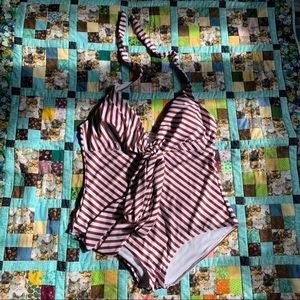 Maroon and White Striped Swimsuit